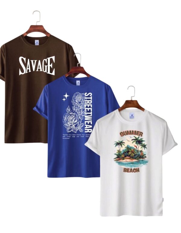 Mens Premium Lycra  Printed T-shirt - 3 Pcs Combo Coffe, Royal Blue White,