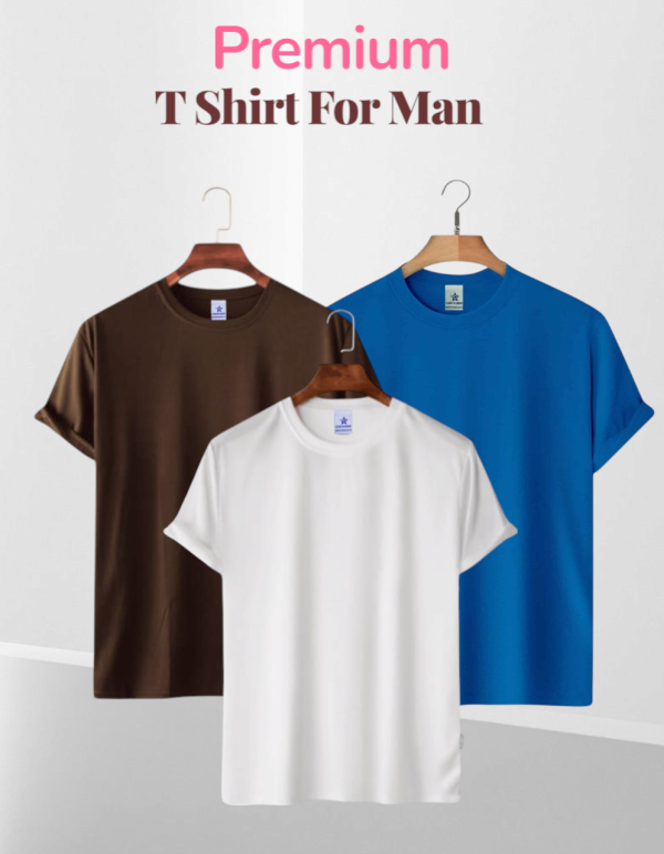 Mens Premium Lycra Cotton Blank - Combo 3 Pcs T Shirt White, Royal Blue, Coffee
